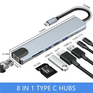Home 8 in 1 multi funtion docking station 4k hdtv+pd fast charge+tf+sd+rj45+usb3.0+usb c+usb2.0+100w charge type c usb hub