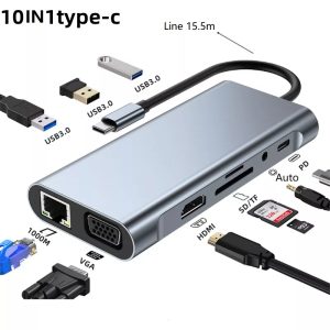 10 in 1 usb c hub docking station adapter usb 3.1 type c hubs hdtv vga rj45 100mbs sd tf audio pd 100w for laptop