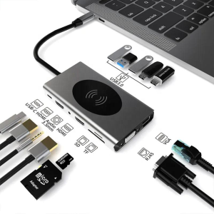 14 in 1 type c hub with wireless charging dual hdmi gigabit lan rj45 1000mbps sd tf for laptop 14 in 1 usb c hub