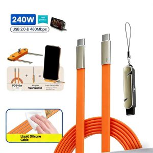 240w pd3.1 usb c to c fast charging cable, flat liquid silicone cord with phone stand