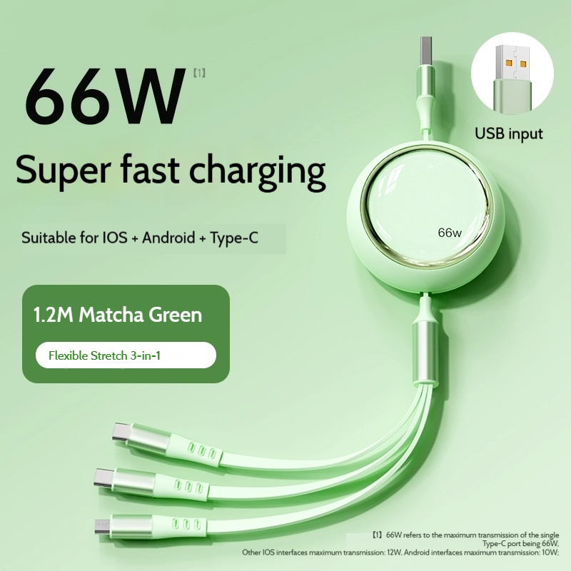 66w 6a retractable 3 in 1 usb fast charging cable, 1.2m multi charging data cord for ios, android and type c devices 66w 6a retractable 3 in 1 usb fast charging cable, 1.2m multi charging data cord for ios, android and type c devices