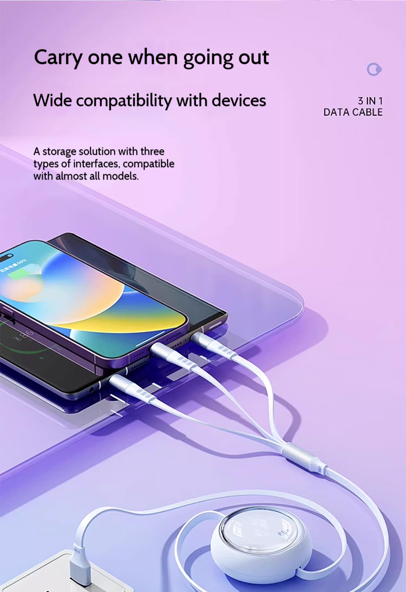 66w 6a retractable 3 in 1 usb fast charging cable, 1.2m multi charging data cord for ios, android and type c devices 66w 6a retractable 3 in 1 usb fast charging cable, 1.2m multi charging data cord for ios, android and type c devices